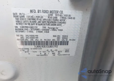 2012 Lincoln Mks из США, поврежденный, VIN 1LNHL9ER1CG801792